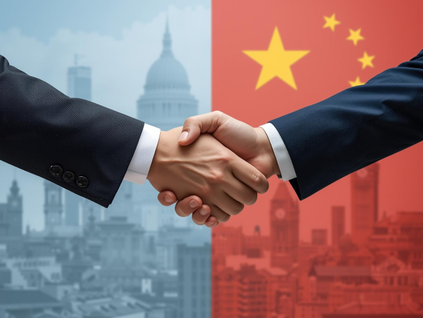 Two people resembling the UK and China shake hands