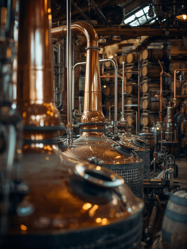 Copper stills distilling whisky