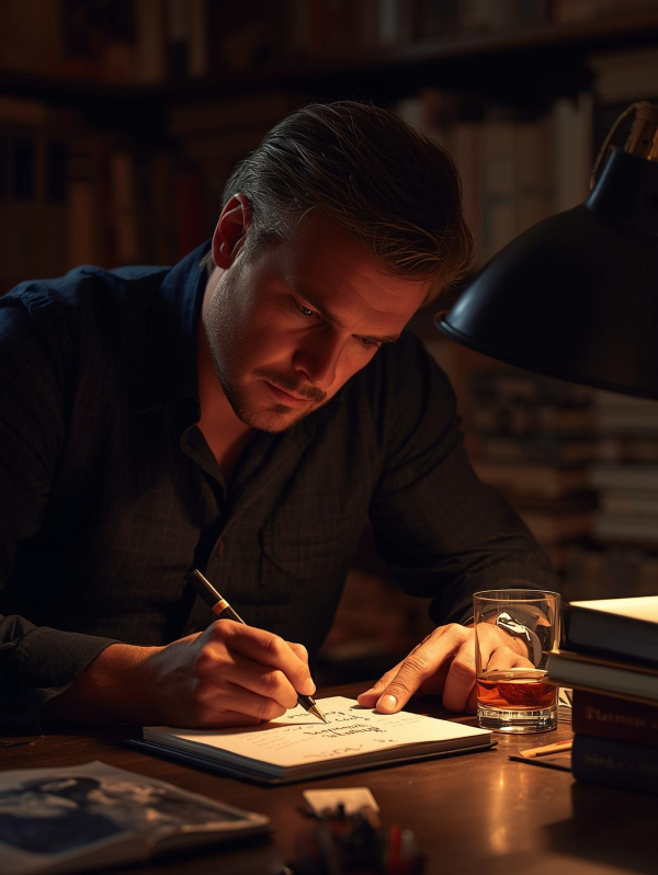 Man writing in book with a whisky on the table